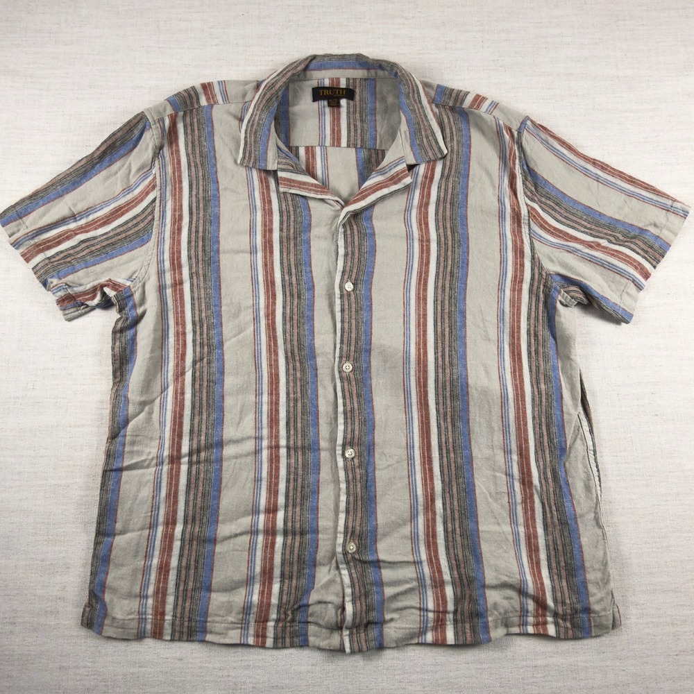 Truth by Republic Mens XL Linen Blend Striped Short Sleeve Button Down Shirt
